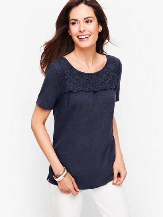 Talbots Tops - Talbots Women’s Navy Eyelet‎ Trim Short Sleeve Tee Top Cotton Modal Size Small